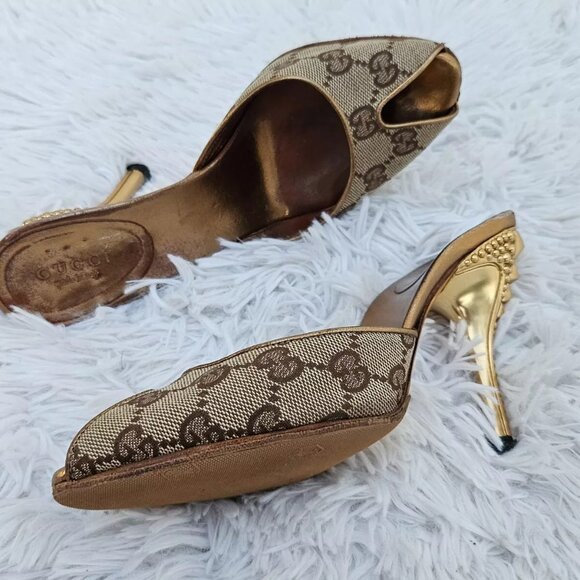 Gucci Women Heel Sandal GG Web Gold Tone Buttom Made Italy Size 34.5 - Picture 11 of 14
